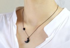 Black crescent and star  Necklace  S2294-1 by Ringostone on Etsy Black Crescent Necklaces As Gift, Black Star Necklace For Gift, Black Crescent Necklaces For Gift, Minimalist Black Moon Necklace, Moon And Star Necklace, Black Chain Necklace, Crescent Necklace, Small Bracelets, Chic Necklace