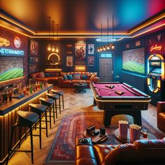 Experience ultimate leisure in a vibrant man cave, complete with neon lights, gaming gear, vintage jukebox, mini home theatre and a well-stocked bar. Game nights, sports and movies shine in this fun-filled sanctuary. #ManCave #HomeTheater #GamingRoom #SportsBar #EntertainmentRoom #GameNight Arcade Room In House Modern, Gentlemens Club Decor Man Caves, Fun Game Room Ideas Basements, Retro Man Cave Ideas, Games Room Ideas Family, Home Dive Bar, Sports Bar Furniture, Pool Room Ideas Interior Design, Vintage Games Room