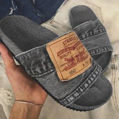 Lasaky - Stylish Platform Sandals with Thick Soles and Denim Design - Fashionable Lettered Slides Denim Slides, Denim Style Casual, Denim Flats, Dr Shoes, Flat Slippers, Open Toe Slippers, Women Slides, Sneakers Looks, Flat Slipper