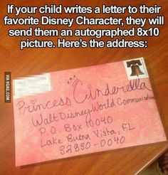 a postcard that has been placed on top of a table with the caption'if your child writes a letter to their favorite disney character, they will send them an autographed 8x