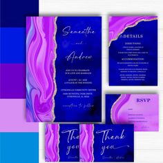 purple and blue wedding stationery with gold accents