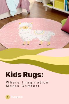 a pink rug with a white sheep on it and the words kids rugs where imagination meets comfort