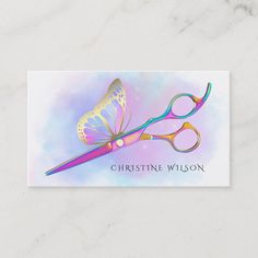 a business card with scissors and a butterfly on the front, in pastel colors