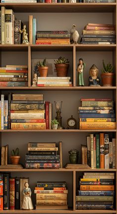 a bookshelf filled with lots of books and figurines on top of it