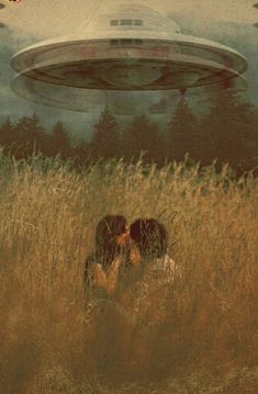 two people are kissing in tall grass with an alien hovering above the ground behind them