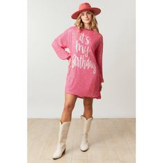 Birthday Behavior Long Sleeve Sequin Dress in Pink Hey Queen! You'll be on your best birthday behavior in this sparkly sequin dress! Featuring long sleeves, perfect for cooler weather, you will be good to go this cool season. Buy the dress that is fit for a queen, and shine bright on your birthday! <3  Item Deets: "It's my birthday" front lettering Round neck Long sleeves Model is wearing size small Oversized fit Size Chart Small: 2-6 Medium: 6-12 Large: 12-16 Shop all your favs + all the new at Winter Long Sleeve Birthday Dresses, Long Sleeve Winter Dress For Birthday, Long Sleeve Winter Dresses For Birthday, Long Sleeve Birthday Party Dress, Long Sleeve Sequin Glitter Dress For Party Season, Spring Long Sleeve Birthday Dress, Long Sleeve Spring Birthday Dress, Long Sleeve Dresses For Spring Birthday, Long Sleeve Summer Birthday Dress