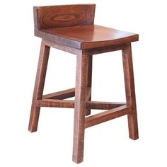 a wooden bar stool with a seat made out of wood and leather on the back