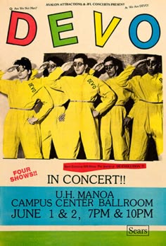 an old poster advertising a dance show with men in yellow jumpsuits and the words devo