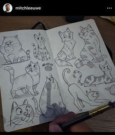 an open notebook with drawings of cats and kittens on it, in front of a person holding a pen