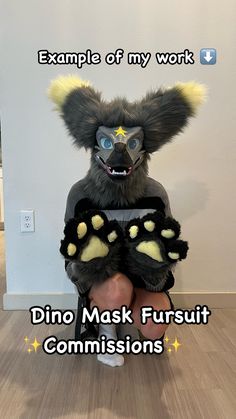 a person sitting on the floor with a stuffed animal in front of them that says, example of my work dino mask fursuit commisisons