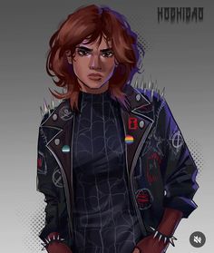 a drawing of a woman with red hair wearing a black leather jacket and spiked - up sleeves