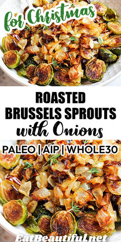 roasted brussel sprouts with onions in a white bowl