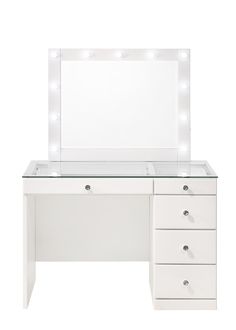 a white vanity with lighted mirror and drawers