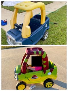 there are two pictures of toys that look like cars, one is green and the other is yellow