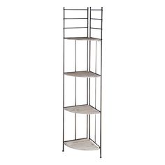 three tiered shelf unit with metal frame and wood shelves on the bottom, against a white background