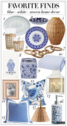 blue and white items are featured in the cover of favorite finds magazine, which features an assortment