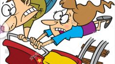 three cartoon people riding on a small red car with two steering wheelbarrows