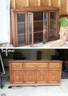 before and after shots of an old dresser makeover with wood veneers on the doors