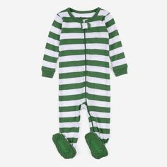 The Footed Striped Pajamas are ideal for wearers who love stripes in their stylish wardrobe. Each outfit consists of a zip-up design that conveniently fits wearers, while the footed grips provide a warm feeling for your little ones while they sleep or lounge around the house. Designs consist of light grey and green, easily matching with other family products for those memorable events. The tagless labels prevent scratches on exposed skin, and outfits are machine wash cold inside out to preserve Footed Pajamas, Footie Pajama, Striped Pyjamas, Dogs And Kids, Baby Pajamas, Baby Protection, One Piece Pajamas, Cotton Pyjamas