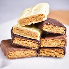 a stack of chocolate and peanut butter bars