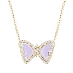 A new take on our best-selling butterfly necklace! Now available in this light lavender simulated amethyst. Butterflies represent hope and transformation. Simulated amethyst (lavender) Crystal pave Gold-plated, 925 sterling silver Adjustable slider chain up to 18" Dimensions: 18x12mm Luxury Lavender Necklaces As A Gift, Elegant Purple Butterfly Necklace Gift, Elegant Purple Butterfly Necklace For Gift, Mini Butterfly, How To Clean Silver, Rose Gold Morganite, Light Lavender, Diamond Anniversary Rings, Diamond Anniversary