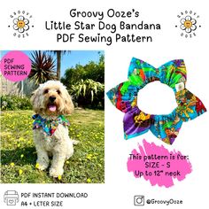 an image of a dog wearing a bow tie with the text grooy ooze's little star dog bandana sewing pattern