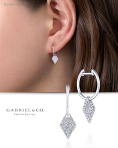 Kite-shaped adornments filled with .33cts of sparkling pave diamonds dangle alluringly from these sleek drop earrings. Polished 14k white gold completes the clean and modern aesthetic. EG13475W45JJ #GabrielNY #DiamondJewelry #FineJewelry #GabrielAndCo #UniqueJewelry #FineJewelry#FashionJewelry #DiamondJewelry #Jewelry  #Earrings #FashionEarrings Luxury Diamond Cut Drop Earrings, Diamond White Earrings For Everyday Luxury, Modern Diamond White Single Earring, Everyday Luxury Drop Huggie Earrings With Matching Set, Modern Diamond White Earrings, Everyday Luxury Drop Earrings With Diamond Accents, Everyday Luxury Dangle Earrings, Baby Jewellery