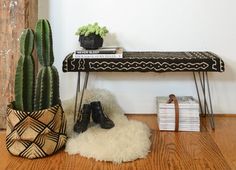 a cactus and some books on a shelf next to a bench with a potted plant