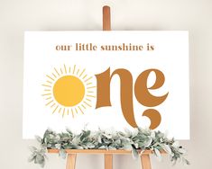 a sign that says our little sunshine is one on top of a easel with greenery around it