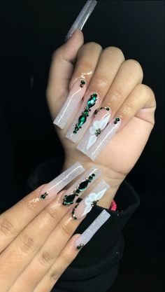 Nails With No Gems, Square Acrylic Nails Emerald Green, White N Green Nails, Emerald Green Quince Nails Medium, Emerald Green 15 Nails, Emerald And Silver Nails, Green Gems Nails, Long Square Acrylic Nails Emerald Green, Quince Nails Green And Silver