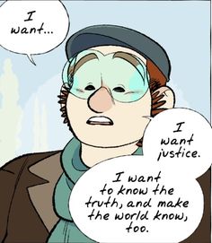 a comic strip with an image of a man in a hat and scarf holding a speech bubble