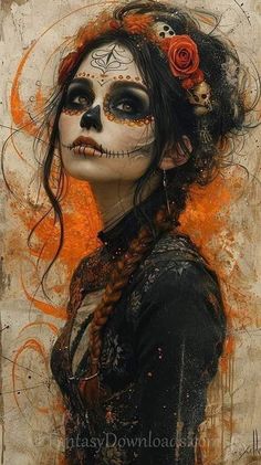 a painting of a woman with makeup and flowers in her hair, wearing a skeleton make - up