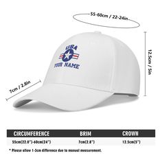 * High quality cotton twill cloth for casual baseball caps * Embroidered on total foru sides or only on front/ back/left/right side * Adjustable double-breasted PVC closure on the back to fit * Dimension : Hat circumference 55-62cm / hat height 12.5cm / hat brim 7cm * Stylish and can modify the face shape, fashionable and versatile * Suitable for daily and outdoor activities, also as a gift to friends, family, etc. CARE INSTRUCTIONS: Regular washing just dry it to get rid of the smell. & It is r Casual Fitted Cap With Custom Logo, Snapback Cotton Baseball Cap With Custom Logo, Custom Logo Cotton Snapback Baseball Cap, Casual Fitted Hat With Custom Logo, White Patriotic Snapback Hat, White Patriotic Baseball Cap With Curved Brim, Patriotic White Baseball Cap With Curved Brim, Patriotic White Baseball Cap With Curved Bill, Patriotic White Curved Bill Baseball Cap