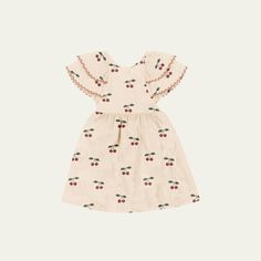 Konges Sløjd "Elin" cherry-print dress with rick-rack embroidery on the sleeves Round neckline Flutter sleeves Elasticized back waist Hem falls above the knee A-line silhouette Organic cotton/elastane Imported