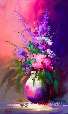 a painting of purple and pink flowers in a vase