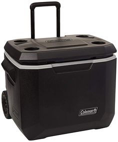 the cooler is black and has wheels on each side, with two handles that are attached to