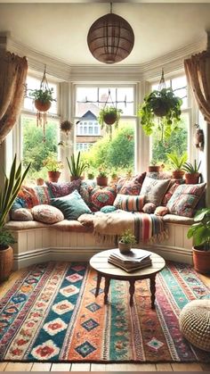 Indian Living Rooms 2025 Bay Window Seat Decorating Ideas, Mid Century Modern Bay Window, Cottagecore Bay Window, Boho Bay Window, Eclectic Cushions, Bay Window Seating Area, Bay Window Plants, Bohemian Interior Design Style, Bay Window Inspiration