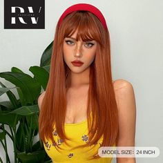 Long Straight Orange Copper Red Brown Synthetic Wigs with Bangs for Black Women Hair Cut For Girls, Black Bangs, V Shape Hair, Rubber Band Hairstyles, Extension Hair, Orange Copper, Natural Hair Wigs, Bob Hairstyles With Bangs