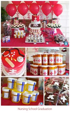 a collage of pictures with balloons, cake and other items on the table at a nursing school graduation party