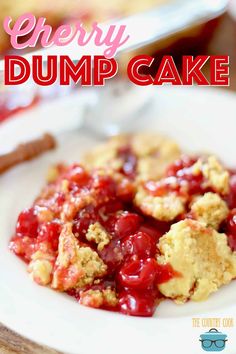 cherry dump cake on a white plate with the words cherry dump cake overlaying it