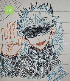 a drawing of a man with glasses on his head and hand in front of him