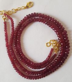 PRODUCT DESCRIPTION ;--- Description;--- Natural Ruby Necklace  ✦ Stone Name :-- Ruby ( Faceted ) ✦ Gemstone Shape:-- Rondelle ( Faceted ) ✦ Length : -- 12 to 14 Inches of Rubies Beads Without Tassel or Clasp ✦ Size :-- 4-7 MM      Hole Size :--- 0.40 mm     Origin :--- Africa   Quality---AAA The photographs of the items have been taken in natural daylight, without any enhancements or affects and all attempts have been made to depict the colour of the gemstones accurately. Due to the use of natural gemstones, gemstone colours may vary slightly.   Each gemstone is hand selected to ensure only the most precious, unique and luxurious gemstones are used in our jewellery. Most items are shipped directly from Australia. However, large quantities and certain items may be shipped from our producti Gemstone Colours, Necklace Stone, Ruby Necklace, Rhodolite Garnet, Natural Ruby, Faceted Gemstones, Stone Names, Gemstone Colors, Stone Necklace