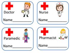 four medical name tags with doctors and nurses on them