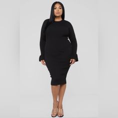 Black Ribbed Midi Dress Ruffle Sleeve Detail Long Sleeved Stretchy Lace Up Back 65% Viscose 35% Nylon Imported I Offers! Sweater Midi Dress, Extreme Fashion, Long Sleeve Fitted Dress, Women Dresses Classy, Women Fashion Edgy, Ribbed Midi Dress, Plus Size Fashion For Women, Plus Size Maxi Dresses, Plus Size Womens Clothing