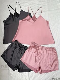 Peilia - Premium 4-Piece Plus Size Satin Pajama Set for Women - Elegant V-Neck Camisole & Shorts, Ideal Home Wear Ensemble Pink V-neck Sets For Pajama Party, Pink V-neck Pajama Party Set, Pink Sleepwear Camisole Set, Pink Camisole Sleep Set, Plus Size Satin, Satin Pajama Set, Satin Pajama, Solid Tank Tops, Satin Pyjama Set