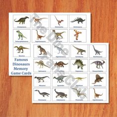 dinosaur memory game cards with pictures of dinosaurs and their names in blue on wood background