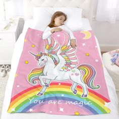 PRICES MAY VARY. Whimsical Unicorn and Rainbow Design to Inspire Children's Imagination: This kid's unicorn rainbow blanket combines cute unicorns with gorgeous rainbows to create a world of fantasy and childish fun. The colorful design makes kids love it and inspires their rich imagination, making every time they cover this blanket like embarking on a magical adventure. Super Soft and Cozy Luxurious Material: Made of high-quality, super soft material, this blanket is incredibly silky to the tou Unicorn Blanket, Moon Stars, Girls Birthday, 1 2 3, Throw Blanket, Rainbow, Design