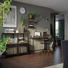 a living room filled with furniture and a clock on the wall