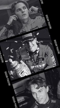 three black and white photos of two men in racing uniforms, one holding a bottle