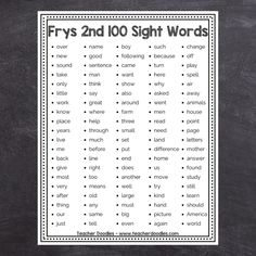 fry's 4th sight words on a blackboard with white writing and the words frys 4h 100 sight words